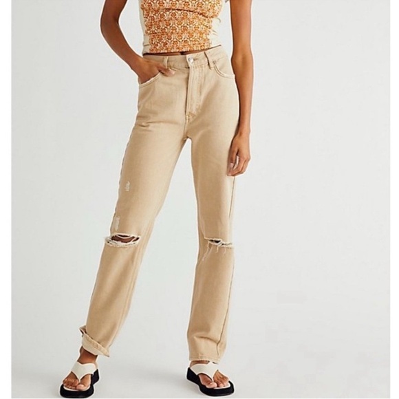 We The Free People Lasso Straight Leg Distressed Jeans In Dusty Khaki - Picture 1 of 7